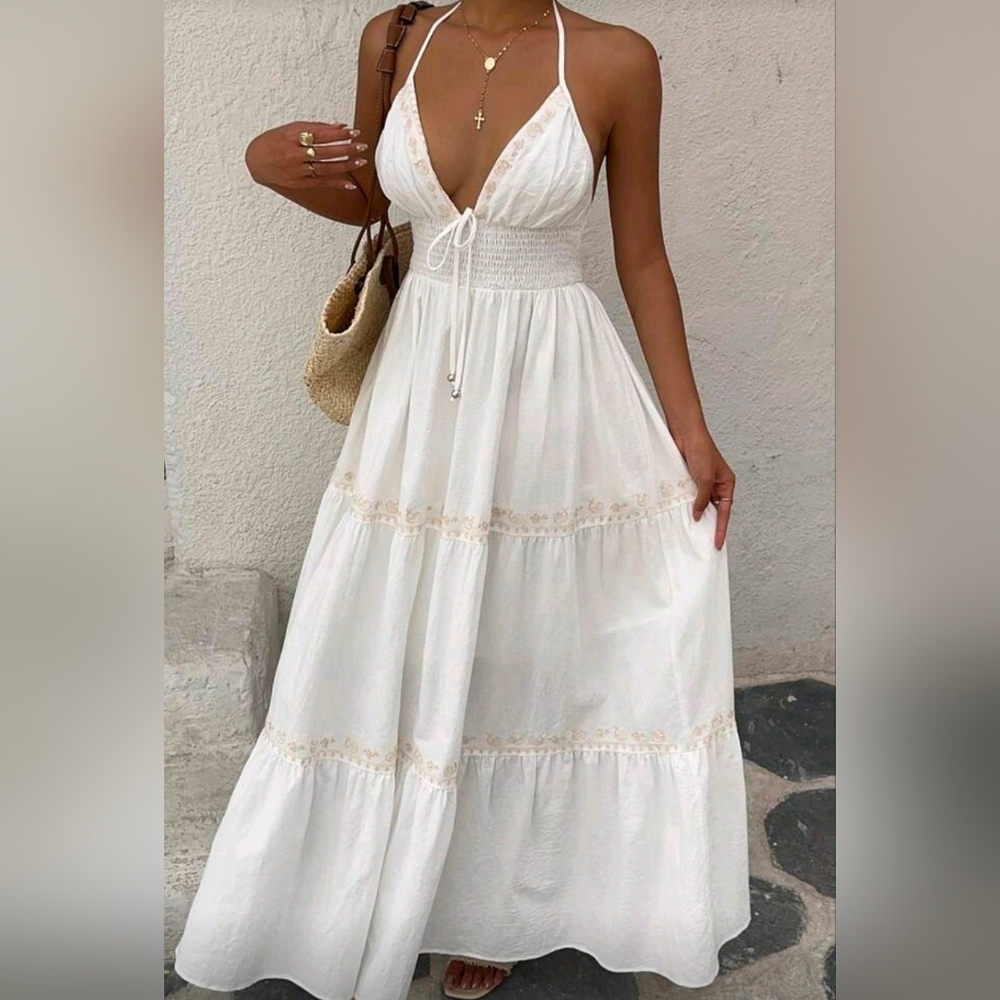 New Boho Embroidered Tie Halter Tiered Maxi Dress White Tan - Picture 6 of 11